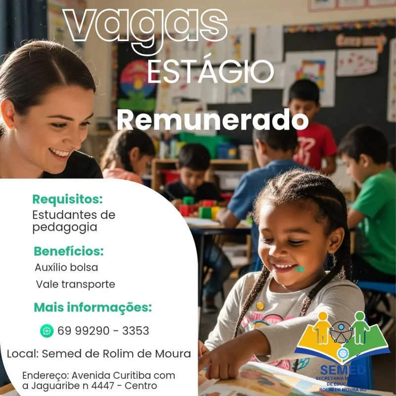 Semed de Rolim de Moura abre inscrições para estágio remunerado em Pedagogia até 25 de outubro