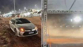 Vendaval derruba arquibancada e danifica carro em treino da Stock Car em Cuiabá