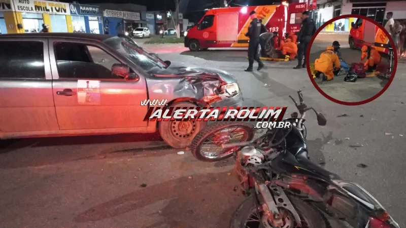 Motociclista tem graves fraturas após ser atingido por carro nesta noite, em Rolim de Moura