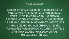 Mega da Virada é adiada e prêmio sobe para R$ 1,09 bilhão