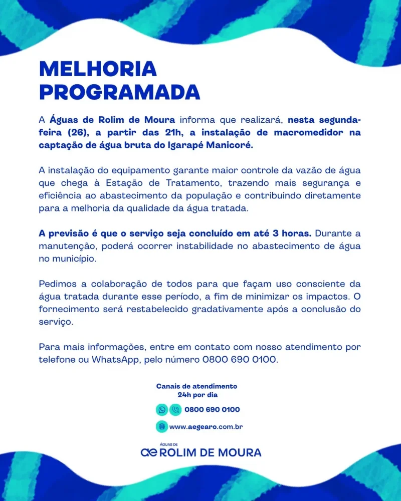Águas de Rolim de Moura informa que realizará, nesta segunda-feira, a instalação de macromedidor na captação de água bruta do Igarapé Manicoré