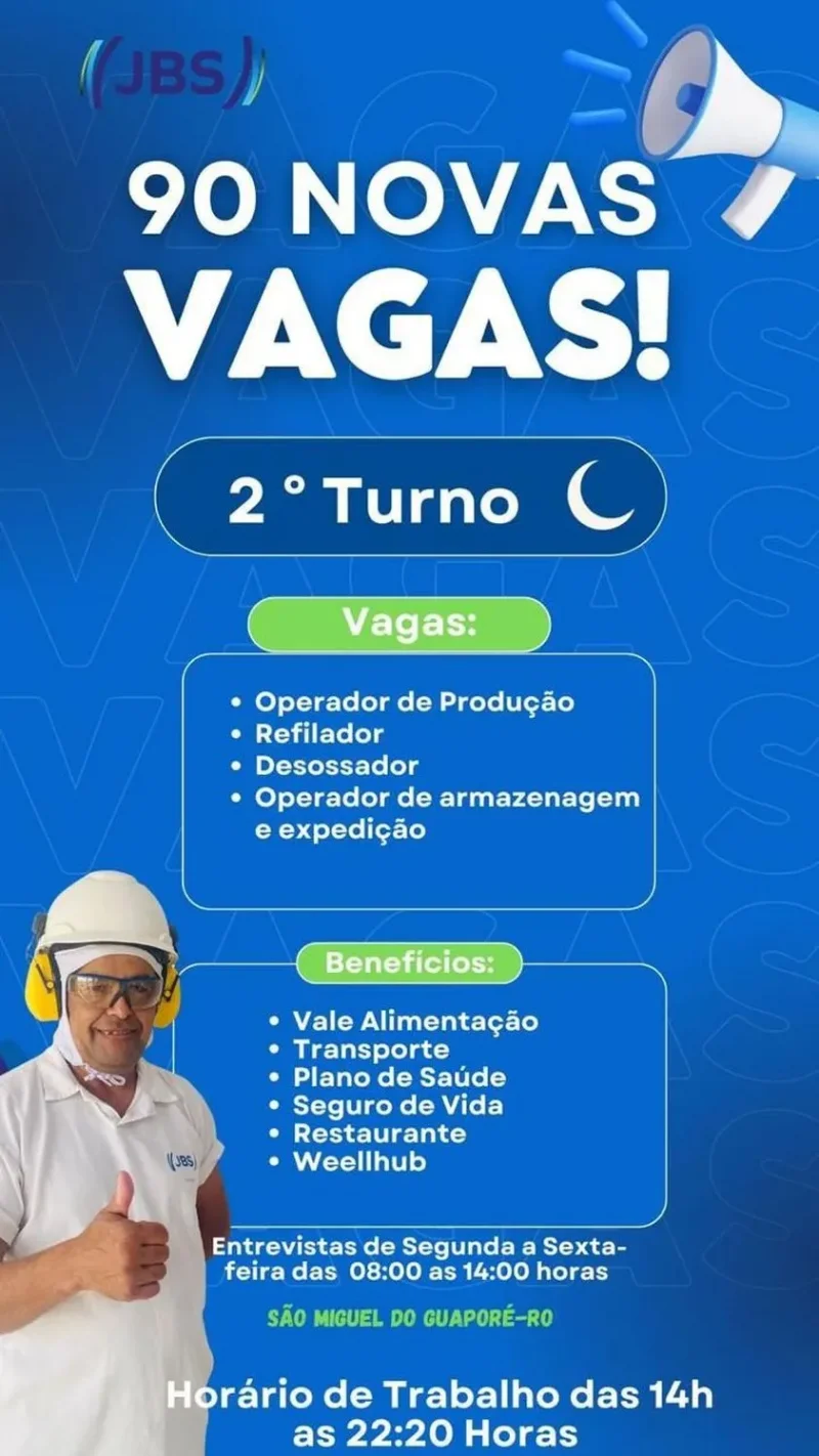 JBS abre 90 vagas de emprego no 2º turno em São Miguel do Guaporé