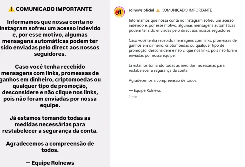 Nota: Acesso indevido ao instagram do Rolnews; página foi restabelecida