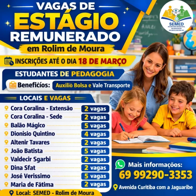 Semed abre novas vagas de estágio remunerado para estudantes de Pedagogia em Rolim de Moura