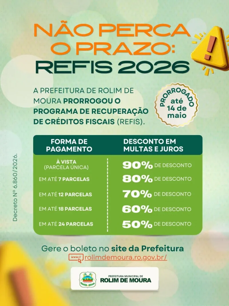 Rolim de Moura entra na reta final do Refis 2026 e contribuintes têm até 14 de maio para garantir descontos de até 90%