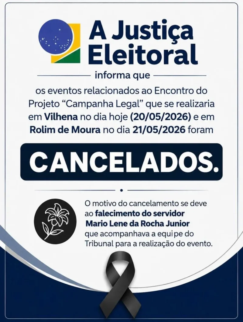 Justiça Eleitoral informa falecimento de servidor e cancela agenda de Vilhena e Rolim de Moura