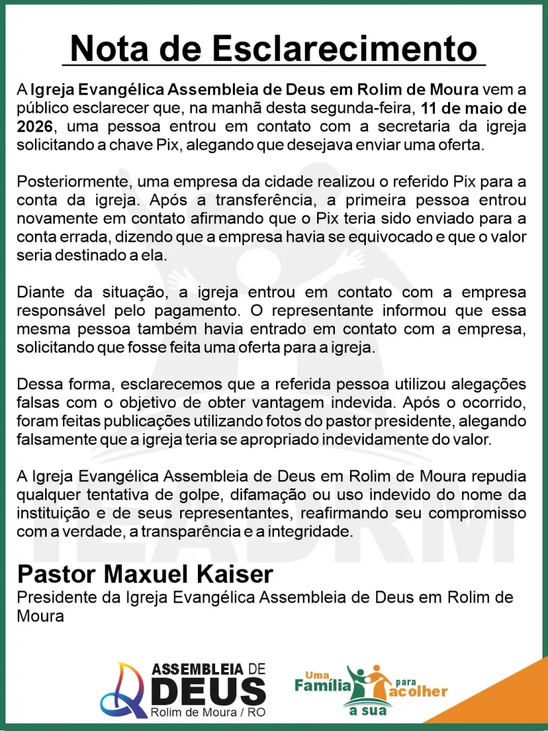 Assembleia de Deus de Rolim de Moura denuncia tentativa de golpe envolvendo Pix e divulga nota oficial