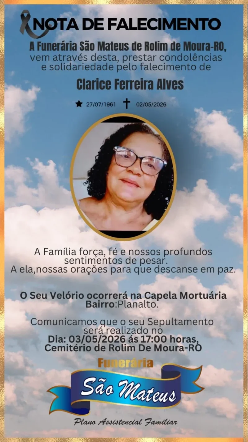 Nota de pesar: Clarice Ferreira Alves, moradora de Rolim de Moura