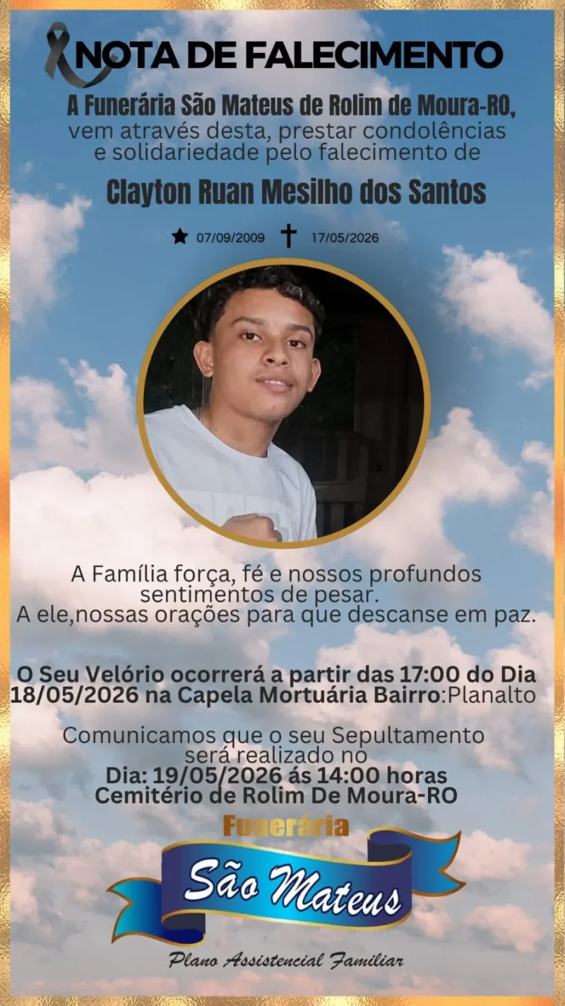 Velório de Clayton Ruan Mesilho dos Santos terá início às 17h desta segunda-feira em Rolim de Moura
