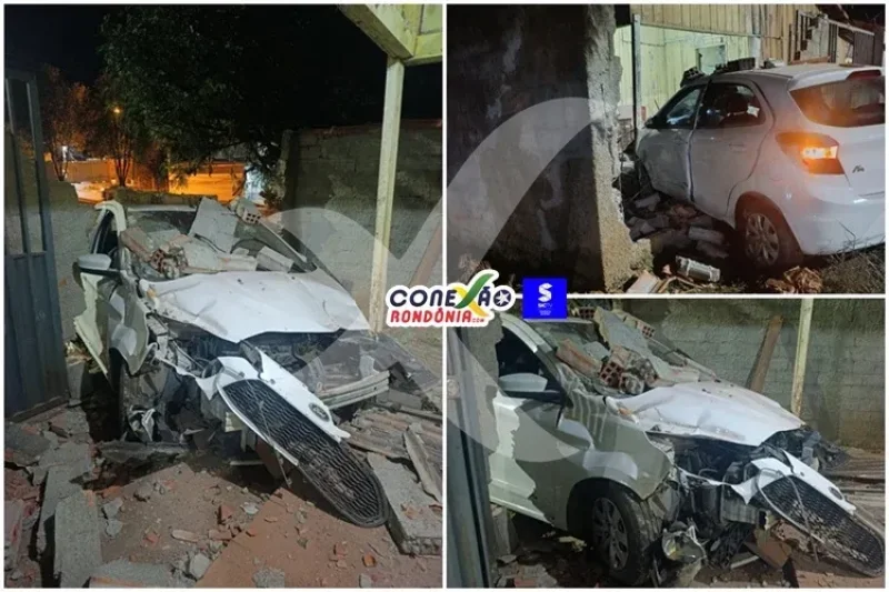 Colisão entre veículos termina com carro atingindo muro de residência em Cacoal