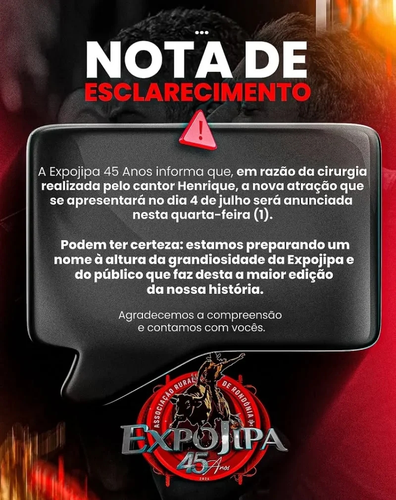 Expojipa se manifesta após Henrique e Juliano cancelarem show e anuncia data para revelar nova atração