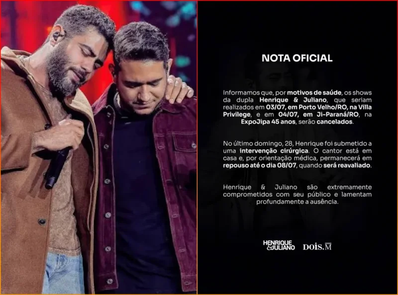 Henrique e Juliano cancelam shows em Porto Velho e Ji-Paraná