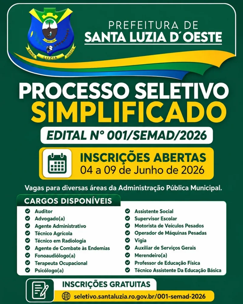 Inscrições para processo seletivo da Prefeitura de Santa Luzia d’Oeste terminam nesta terça-feira (9)