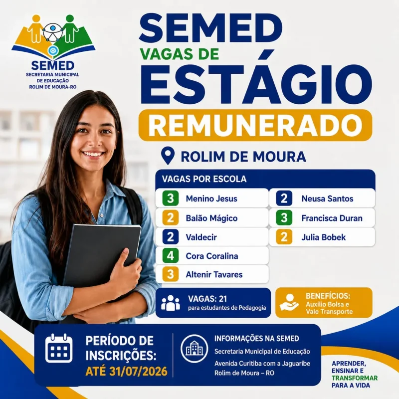 Rolim: SEMED abre 21 vagas de estágio remunerado para estudantes de Pedagogia