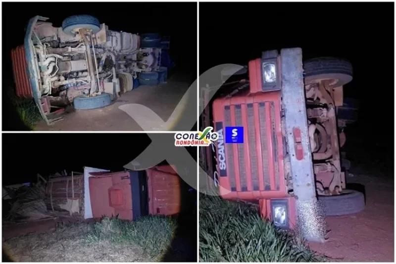 Caminhão carregado com lenha tomba na Linha 208, em Cacoal