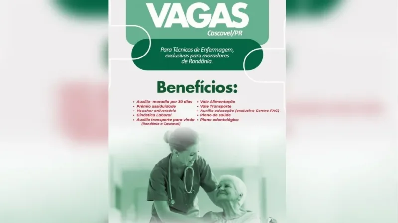 Hospital do Paraná busca técnicos de enfermagem de Rondônia com salário de até R$ 3,7 mil e auxílio-moradia