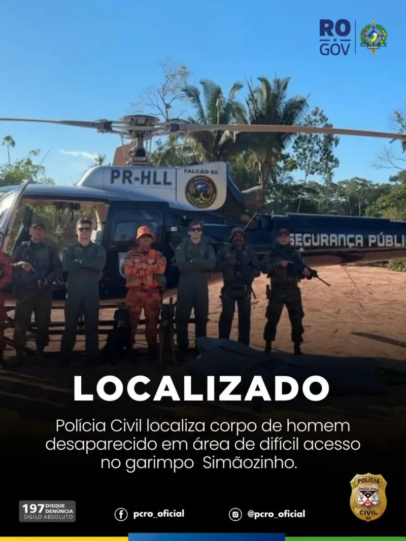 Polícia Civil localiza corpo de homem desaparecido há 19 dias em garimpo de Rondônia