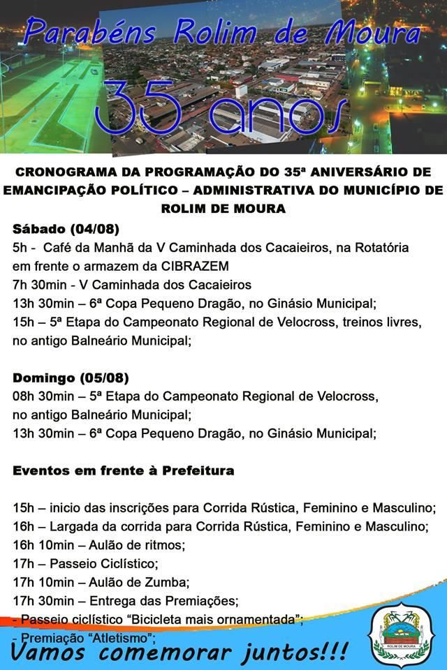 Prefeitura de Rolim de Moura divulga programação de aniversário da cidade