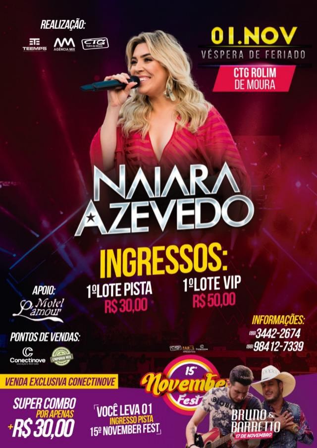 Naiara Azevedo fará show em Rolim de Moura no dia 1º de Novembro