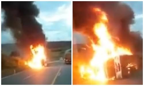 Para evitar colisão, motorista sai da pista, tomba e carreta pega fogo próximo ao São Lourenço; vídeo