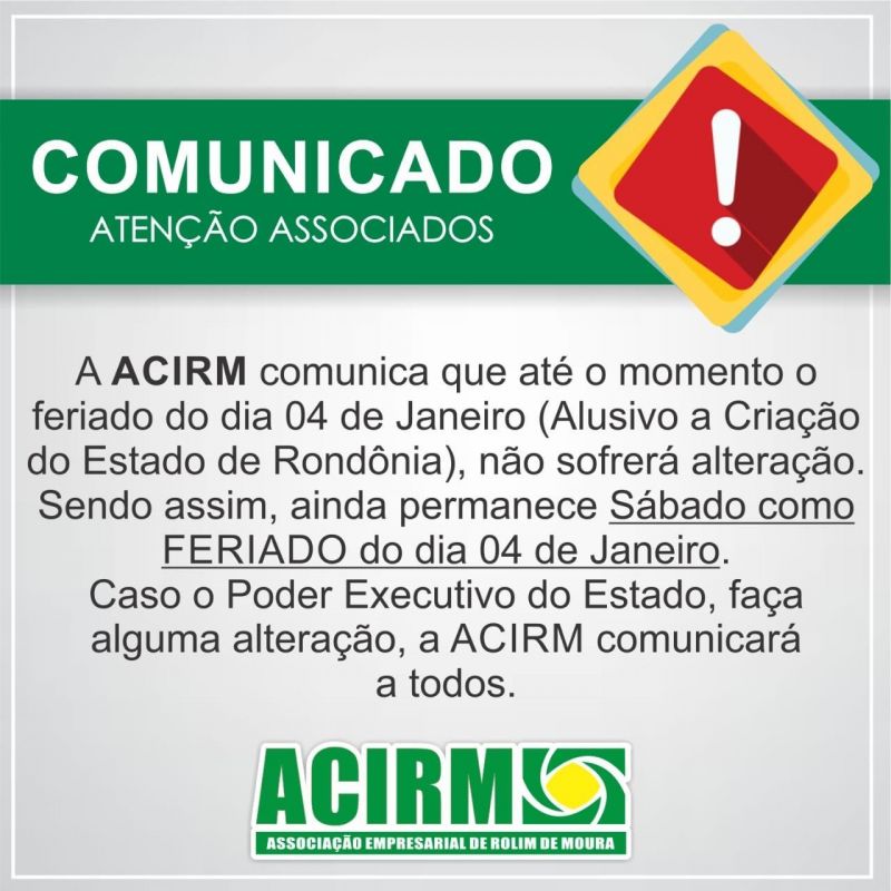 ACIRM comunica que feriado do dia 04 de Janeiro segue inalterado 