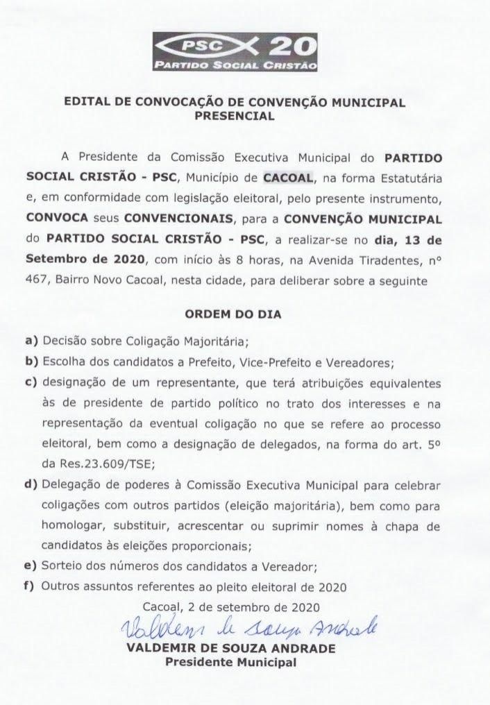 PSC de Cacoal emite Edital de Convocação de Convenção Municipal Presencial