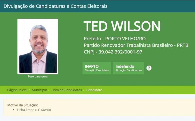 Candidatura de Ted Wilson, do PRTB, à prefeitura de Porto Velho é indeferida pela Justiça Eleitoral