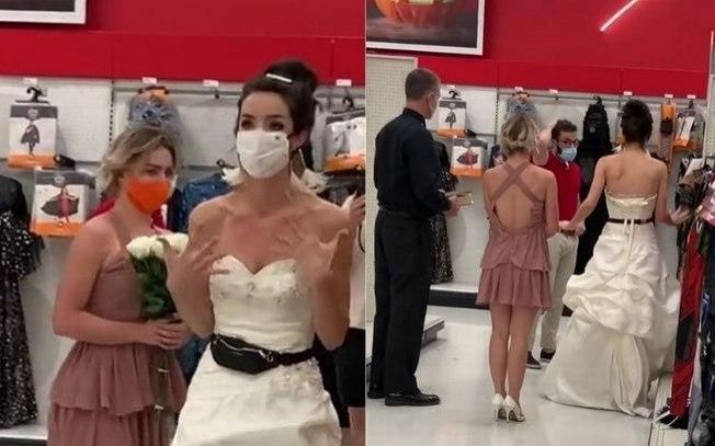 Mulher invade trabalho do namorado vestida de noiva junto com pastor e madrinha