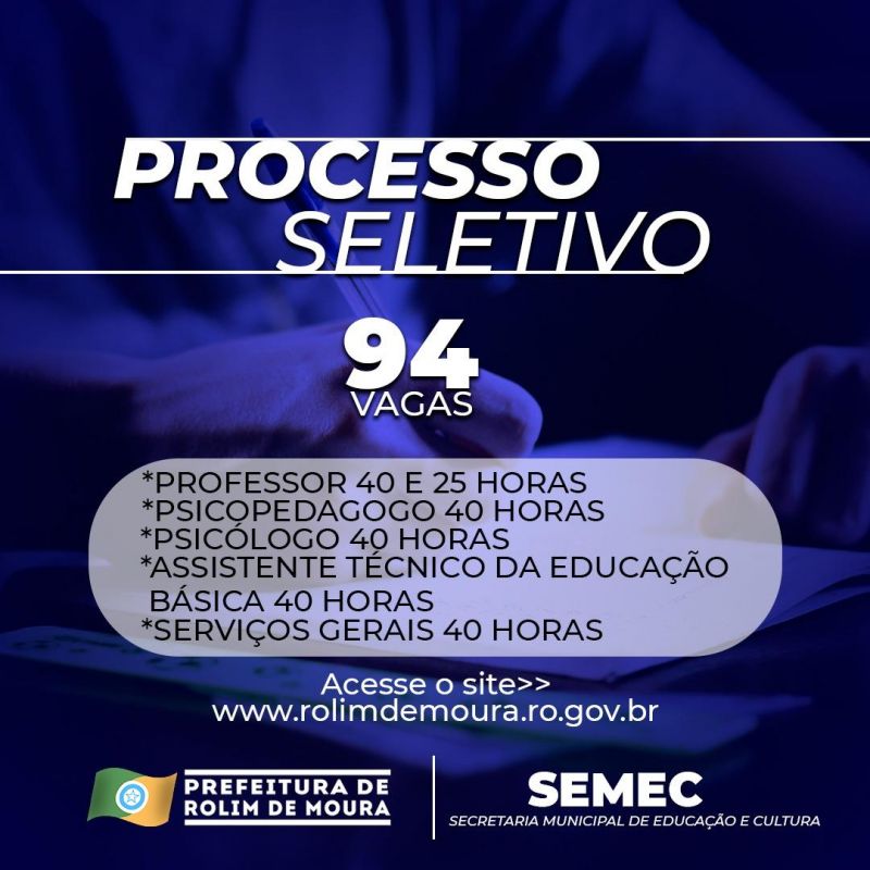 Prefeitura de Rolim de Moura abre processo seletivo para educação com 94 vagas