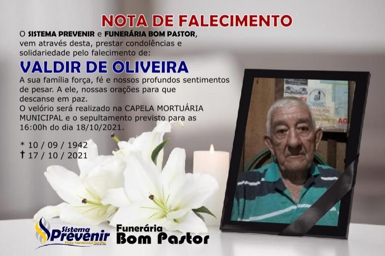 Funerária Bom Pastor comunica falecimento de Valdir de Oliveira
