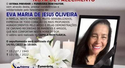 Funerária Bom Pastor comunica falecimento de Eva Maria de Jesus Oliveira 