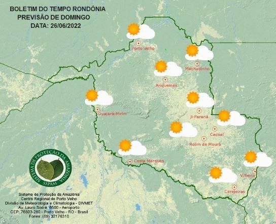 Previsão do tempo para este domingo em Rondônia