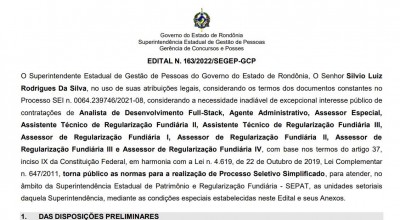 Rondônia: aberta seleção com 44 vagas na Superintendência de Regularização Fundiária