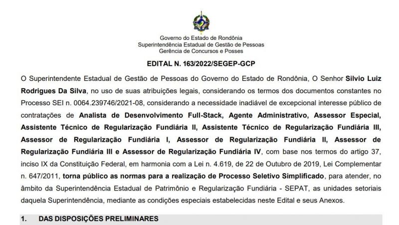 Rondônia: aberta seleção com 44 vagas na Superintendência de Regularização Fundiária