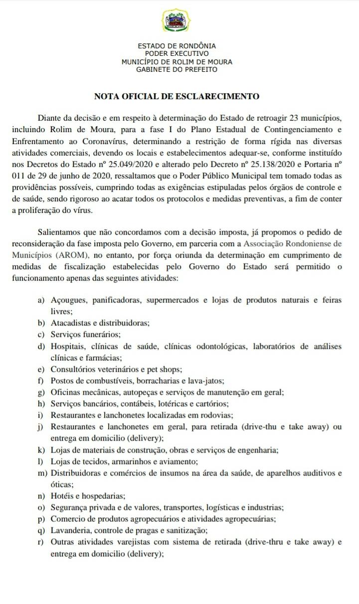 Prefeito de Rolim de Moura envia nota relativa ao Decreto do Governo