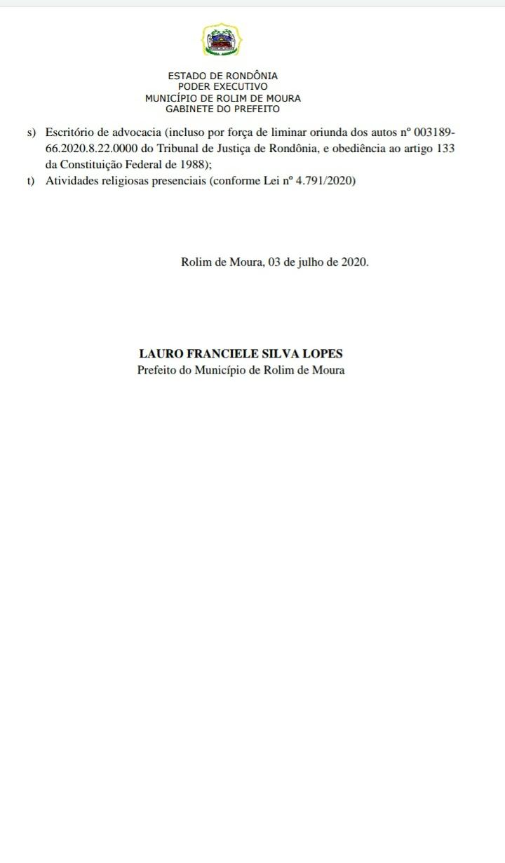 Prefeito de Rolim de Moura envia nota relativa ao Decreto do Governo
