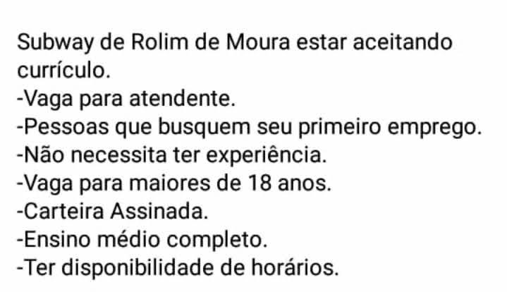 Oportunidade de Emprego Subway Rolim de Moura