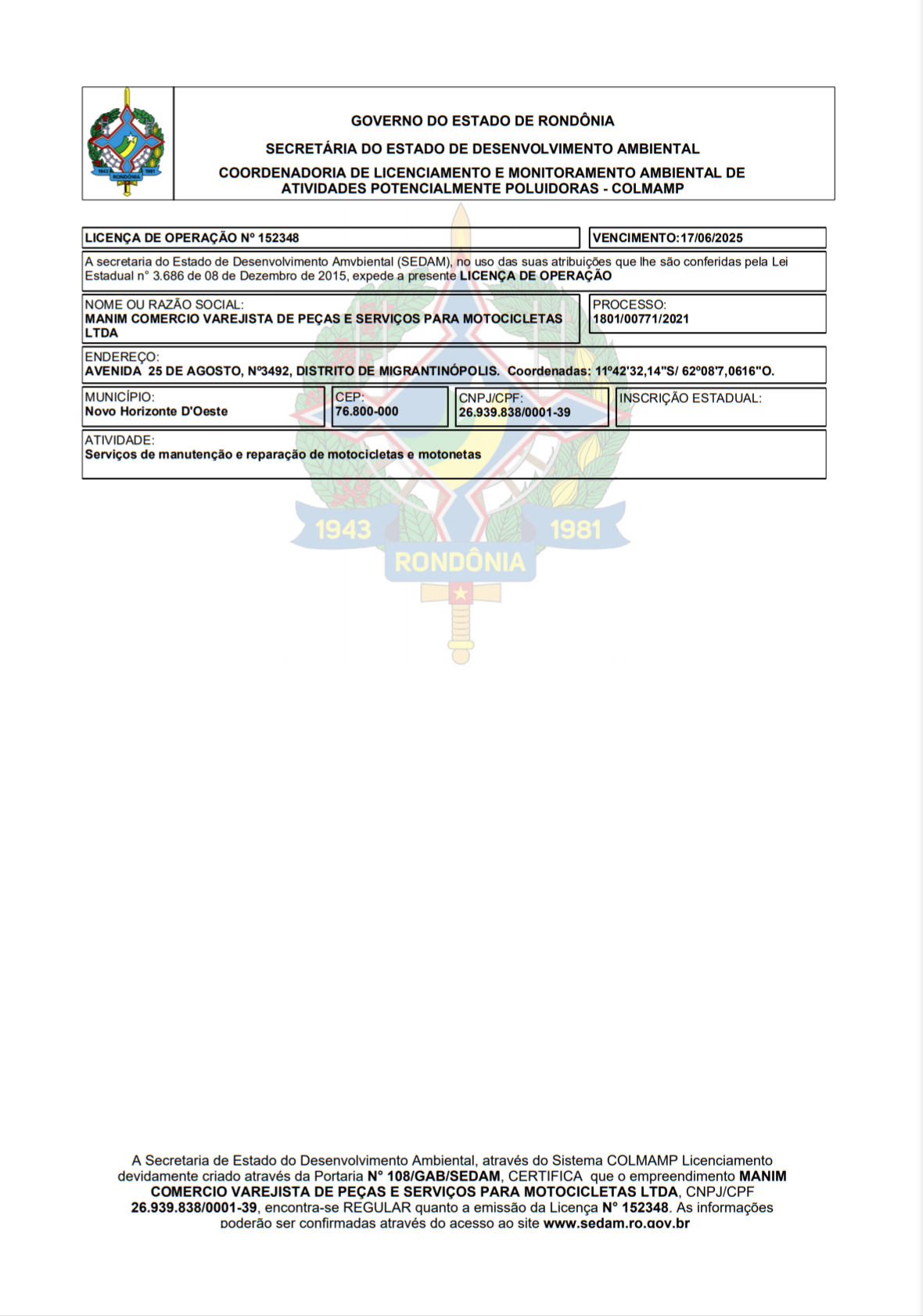 LICENÇA DE OPERAÇÃO Nº 152348 
