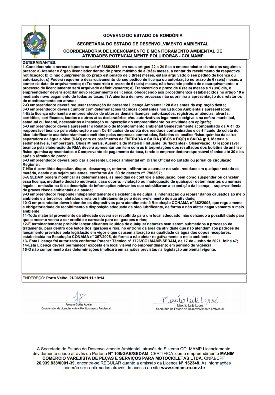 LICENÇA DE OPERAÇÃO Nº 152348 
