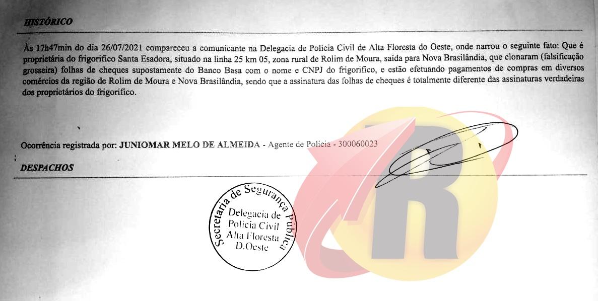 ATENÇÃO: Cheques falsos com nome de frigorífico são identificados em Rolim de Moura e Nova Brasilândia