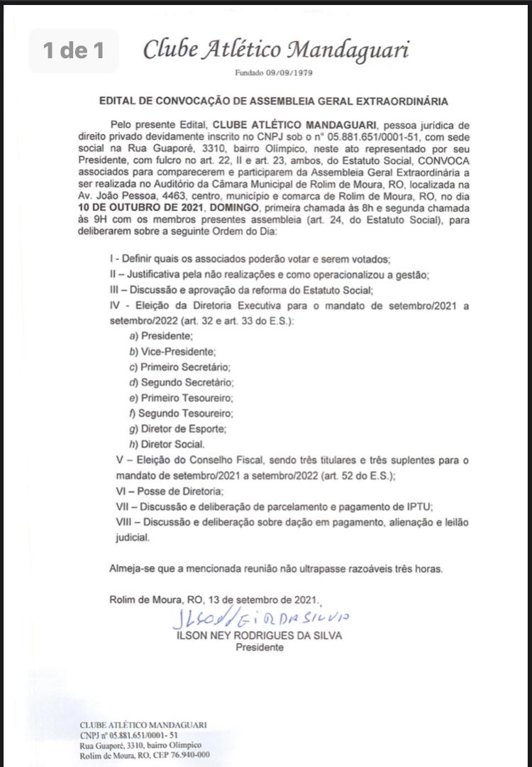 Edital de convocação de Assembleia Geral Extraordinária do Clube Atlético Mandaguari