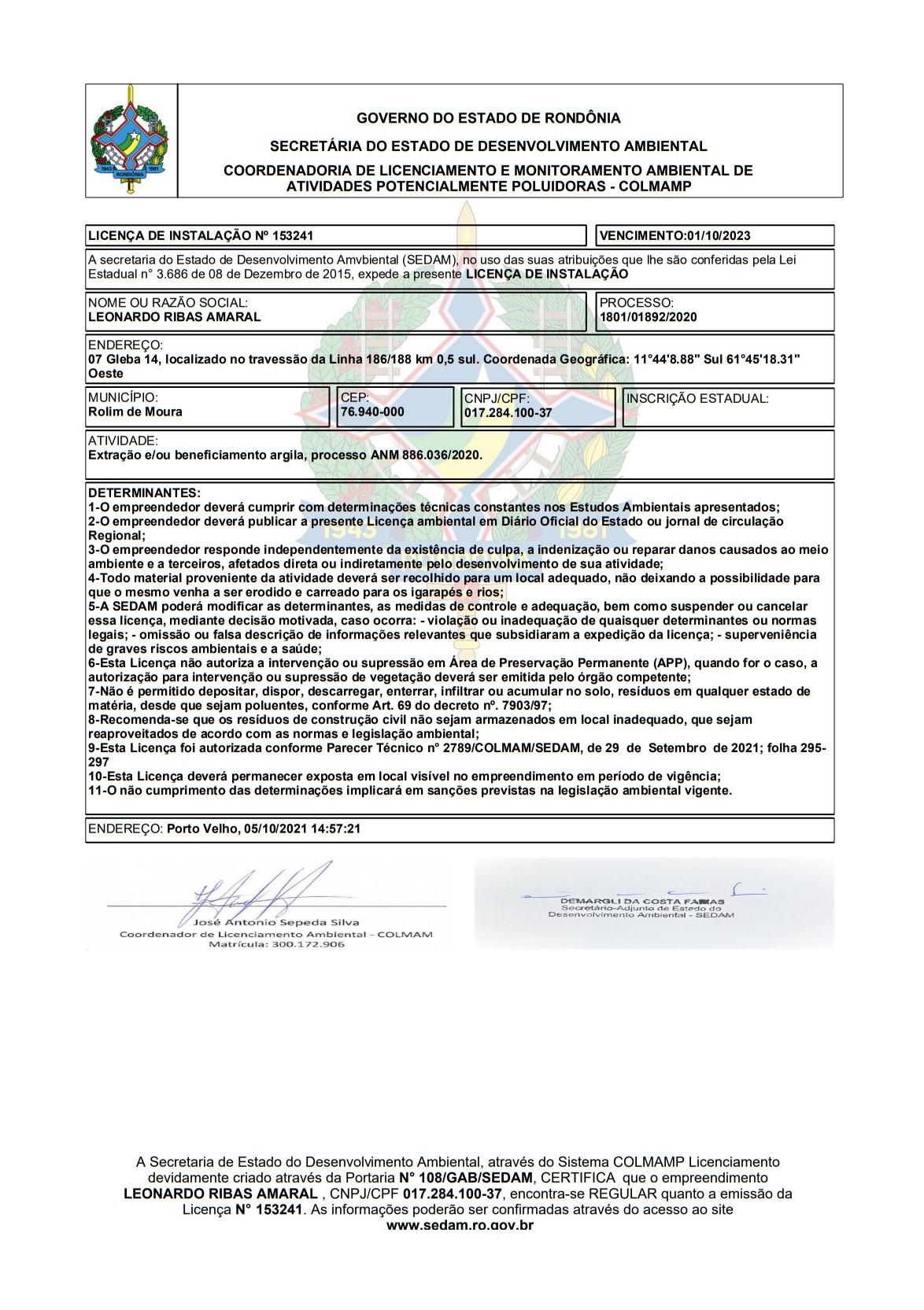 LICENÇAS DE OPERAÇÃO - LEONARDO RIBAS AMARAL