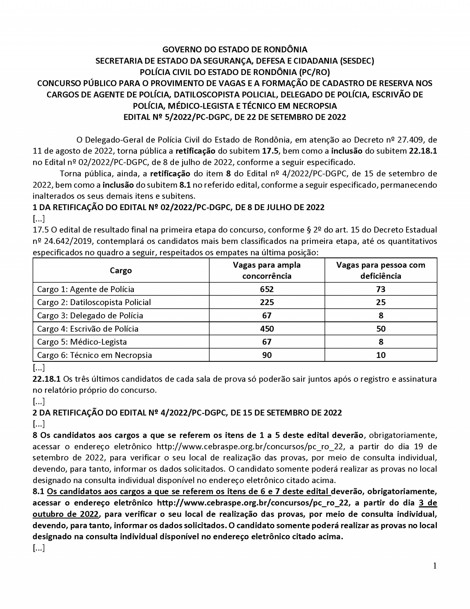 Banca retifica edital e aumenta número de classificados para o concurso da Polícia Civil de Rondônia