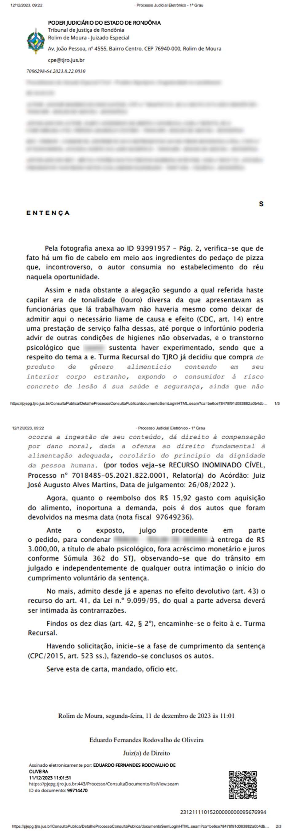 Rolim de Moura: Fio de cabelo em pizza resulta em indenização por abalo psicológico em caso judicial de Rondônia