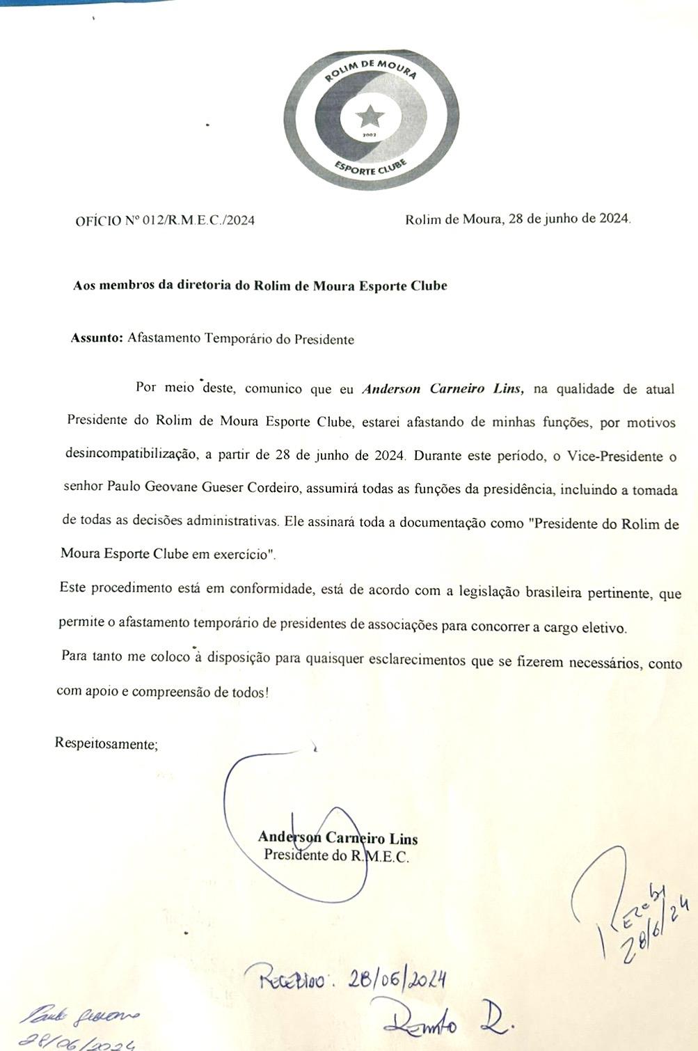 OFICIO N° 012/R.M.E.C./2024: Afastamento Temporário do Presidente