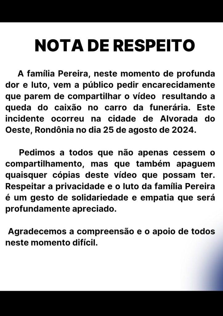 Família pede encarecidamente que parem de divulgar vídeo do caixão caído na pista Família pede encarecidamente que parem de divulgar vídeo do caixão caído na pista