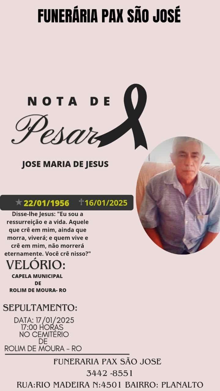 Nota de pesar pelo falecimento do sr José Maria de Jesus Nota de pesar pelo falecimento do sr José Maria de Jesus