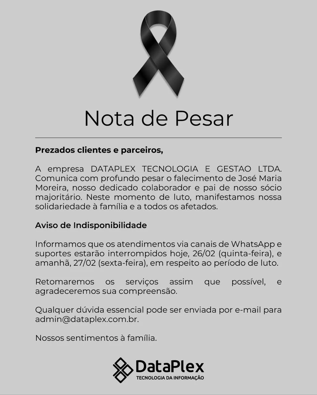 Dataplex emite pesar pelo falecimento do pioneiro de Rolim de Moura, José Maria Moreira