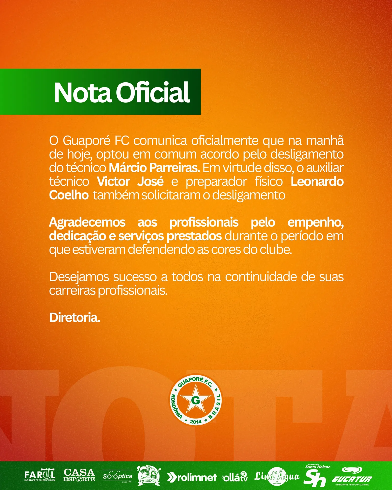Guaporé FC anuncia desligamento do técnico Márcio Parreiras e membros da comissão técnica Guaporé FC anuncia desligamento do técnico Márcio Parreiras e membros da comissão técnica