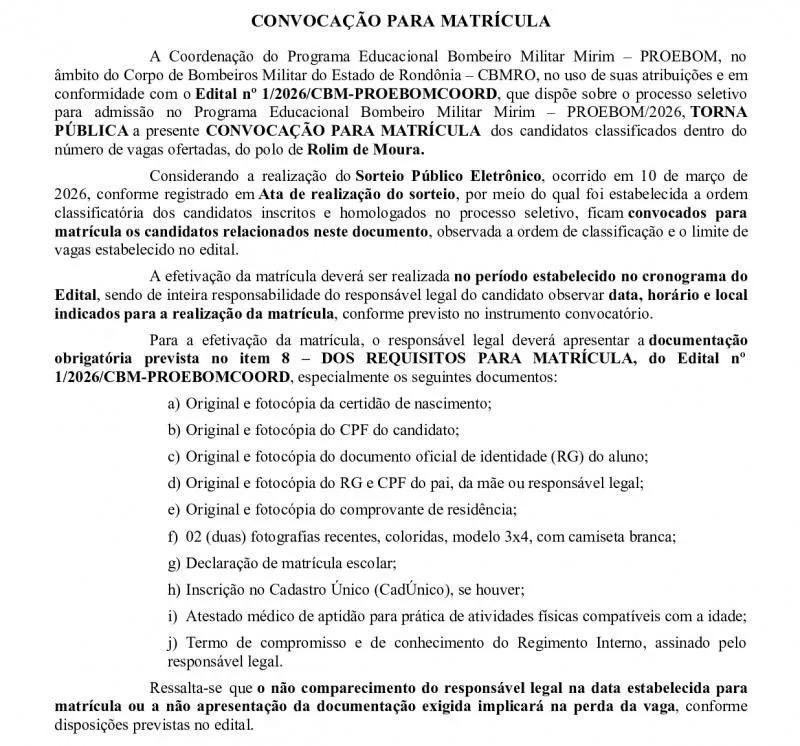 Sai lista de convocados para o programa Bombeiro Mirim em Rolim de Moura Sai lista de convocados para o programa Bombeiro Mirim em Rolim de Moura